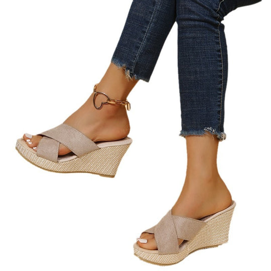 Damen nan Keilsandalen mit geflochtener Bastsohle und gekreuzten Veloursriemen EB