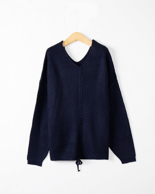 Damen Grobstrick Pullover mit attraktivem V-Ausschnitt und praktischen Kordeldetails EB