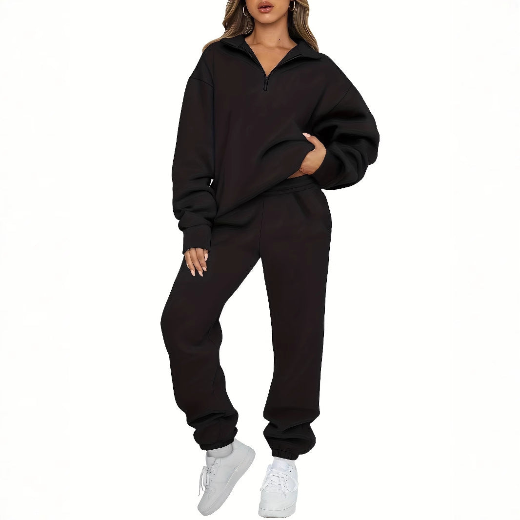 Damen nan zweiteiliges Relax-Set mit halbverdecktem Halbzip-Sweatshirt im Oversize-Schnitt und hohem Komfortbund Jogginghose EB