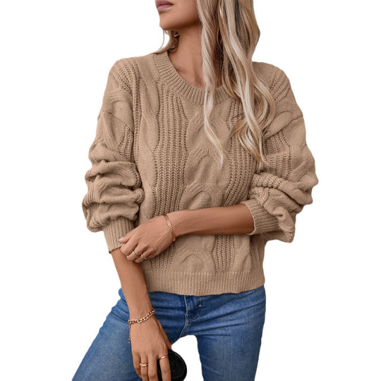 Damen grob gestrickter Pullover mit voluminösen Ärmeln und Zopfmuster EB