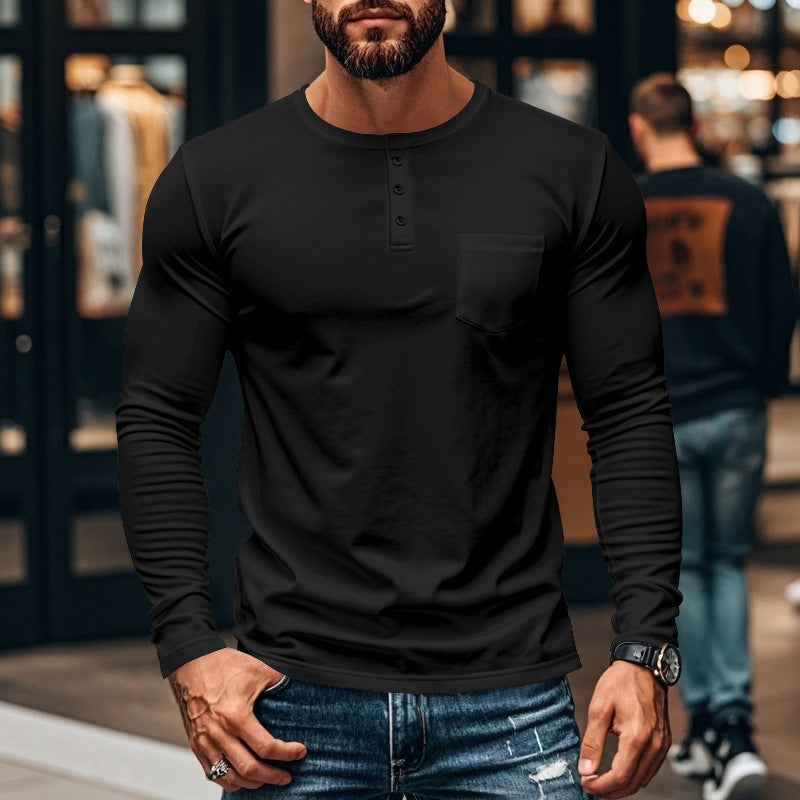 Herren nan schlankes Langarm-Buttonshirt mit kurzer Knopfleiste und Brusttasche EB