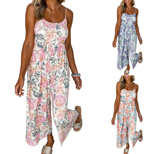 Damen Luftiger Jumpsuit mit floralen Details und schmalen Trägern EB