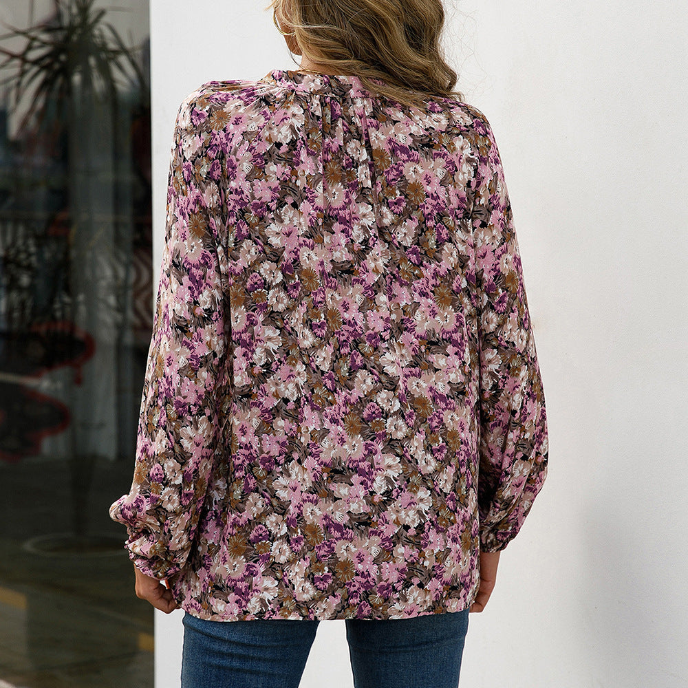 Damen lässige Bluse mit floralen Mustern und eleganten Rüschendetails EB