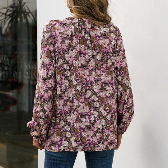 Damen lässige Bluse mit floralen Mustern und eleganten Rüschendetails EB