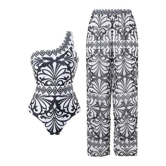Damen Einteiler Badeanzug mit elegantem asymmetrischen Design und passender Hose EB