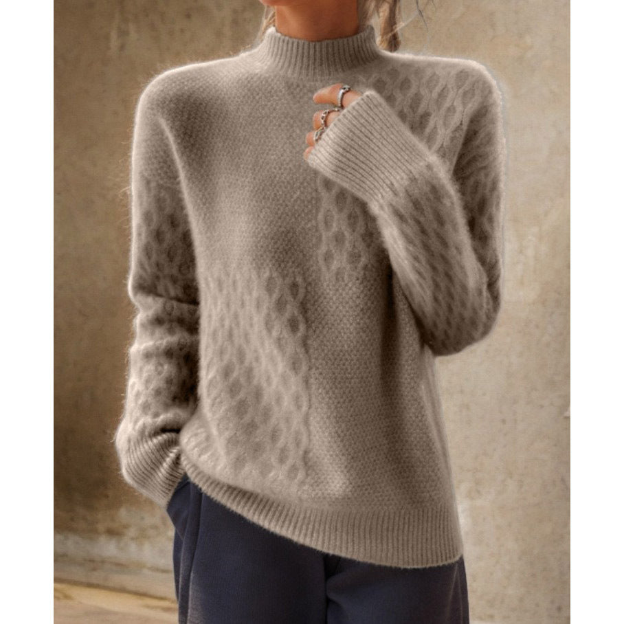 Damen nan lässiger Mohair-Mix Feinstrickpullover mit Strukturmix, Stehkragen und überschnittenen Schultern EB