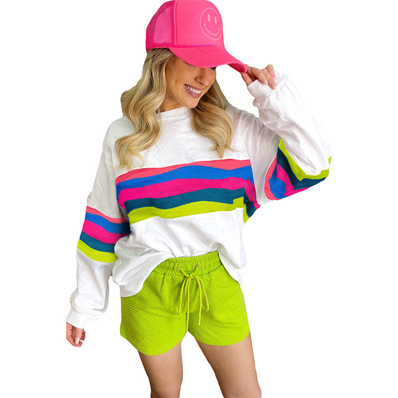 Damen Lässiges Oversized-Sweatshirt mit Bunten Streifen und Tieferem Rundhalsausschnitt EB