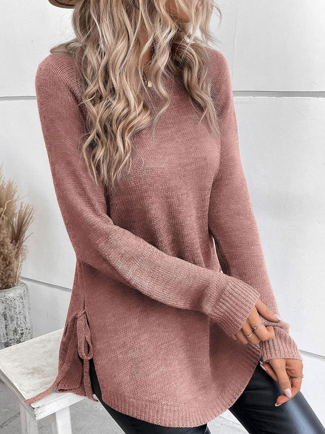 Damen lässiger Pullover mit seitlichen Bindebändern EB