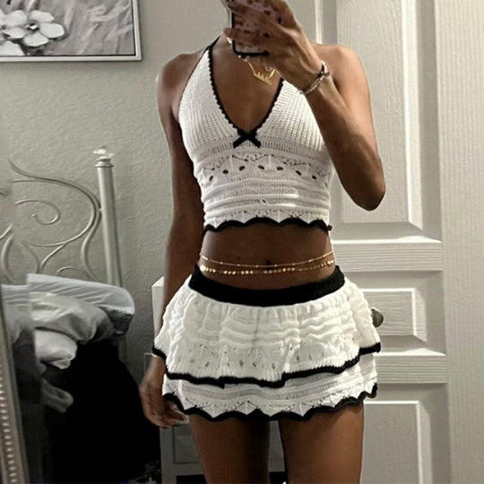 Damen Crop-Top und Rock Set mit dekorativem Häkelmuster EB