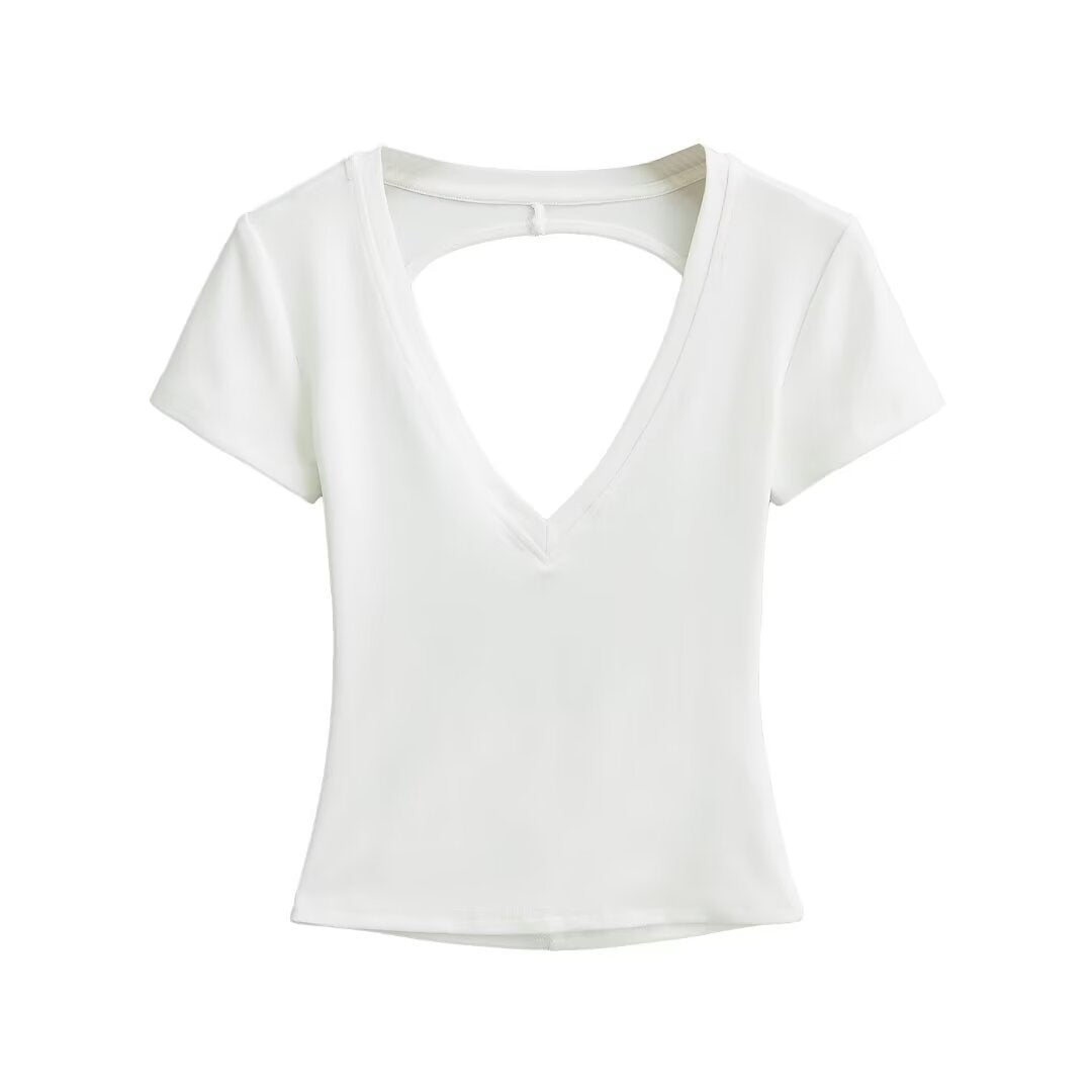 Damen modisches V-Ausschnitt T-Shirt mit offenem Rücken EB