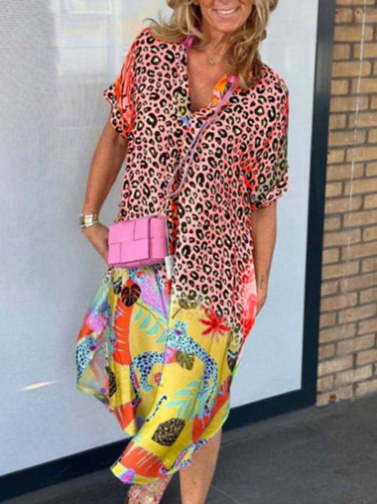 Damen nan weit geschnittenes V-Ausschnitt Midikleid mit Leoparden- und Tropenprint EB