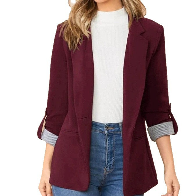 Damen stilvolle und vielseitige Blazerjacke mit umgeschlagenen Ärmeln EB
