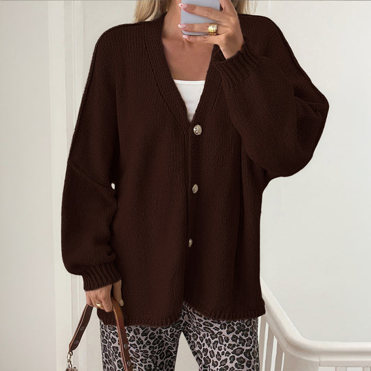 Damen nan Bouclé-Oversize-Cardigan mit tiefem V-Ausschnitt, Kimonoärmeln und goldenen Zierknöpfen EB