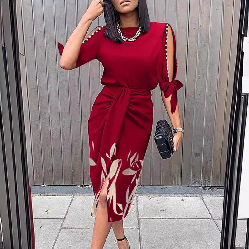 Damen Midikleid mit elegantem Bindegürtel und modischen Cut-Out-Ärmeln EB