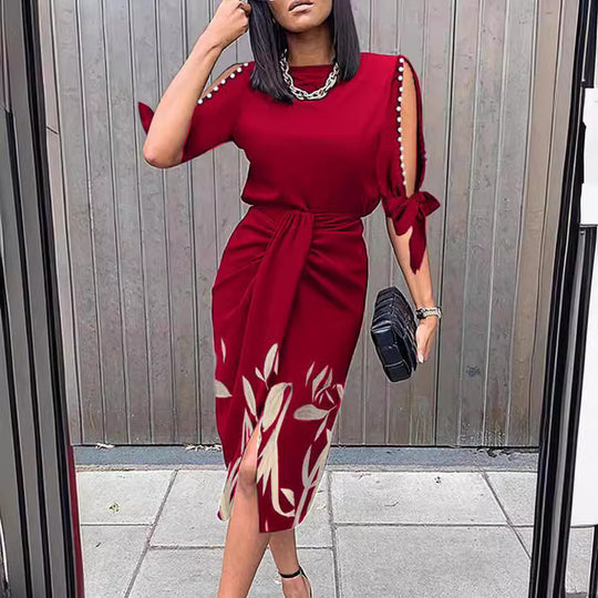 Damen Midikleid mit elegantem Bindegürtel und modischen Cut-Out-Ärmeln EB