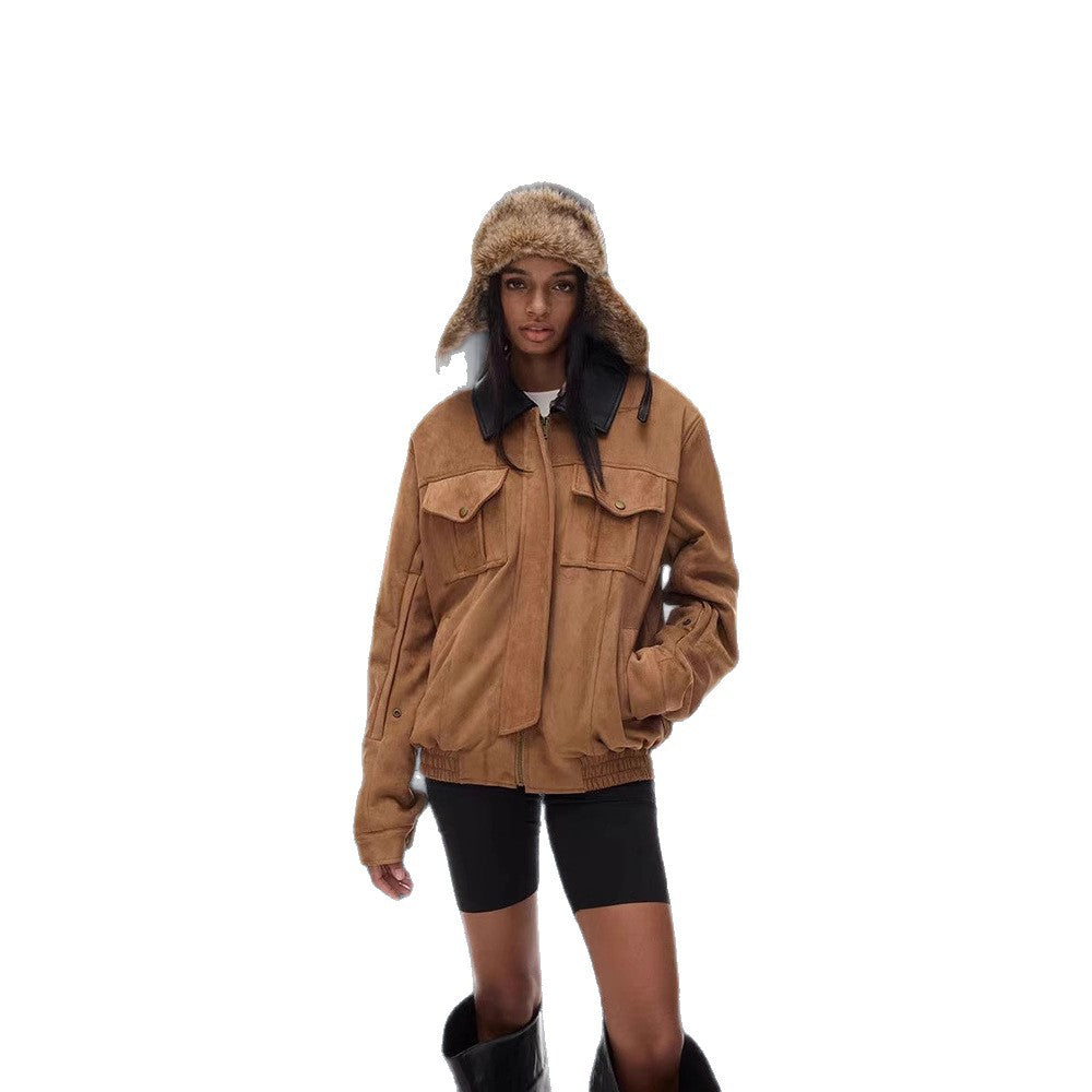 Damen Kunstlederjacke mit abnehmbarer Kapuze und voluminösen Ärmeln EB