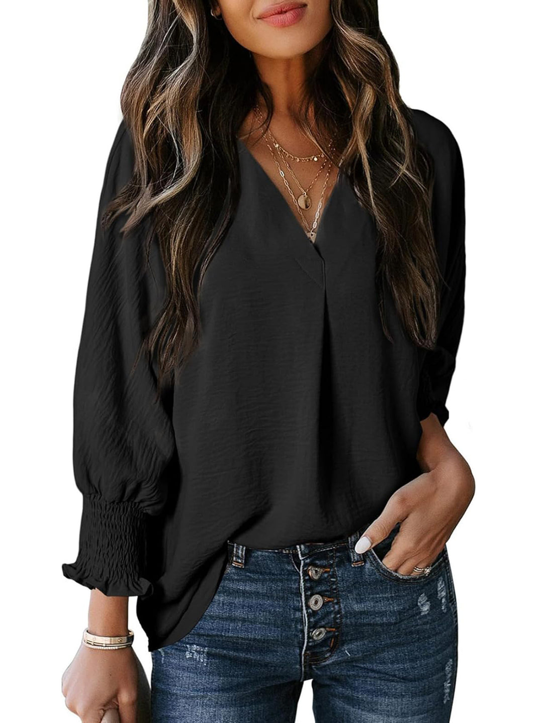 Damen V-Ausschnitt Bluse mit lässigen Ballonärmeln und Rüschendetails EB