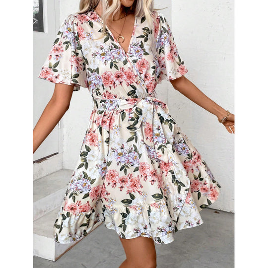 Damen Blumengemustertes Wickelkleid mit Taillengürtel EB
