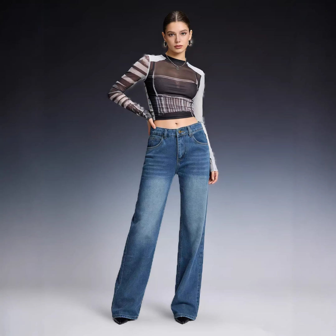 Damen nan hochgeschnittene Weitbein-Jeans mit tonaler Seitennaht und verwaschenem Verlauf EB