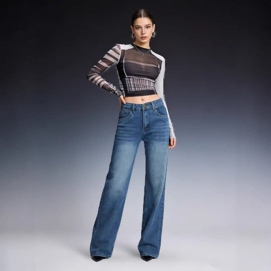 Damen nan hochgeschnittene Weitbein-Jeans mit tonaler Seitennaht und verwaschenem Verlauf EB