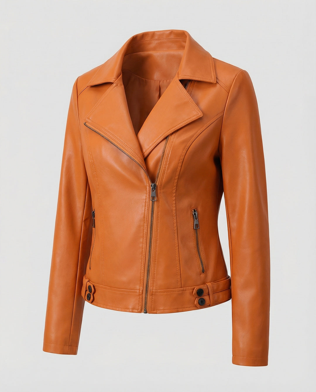 Damen Kunstleder-Bikerjacke mit asymmetrischem Reißverschluss wattierter Innenfütterung und taillierten Abnähern EB
