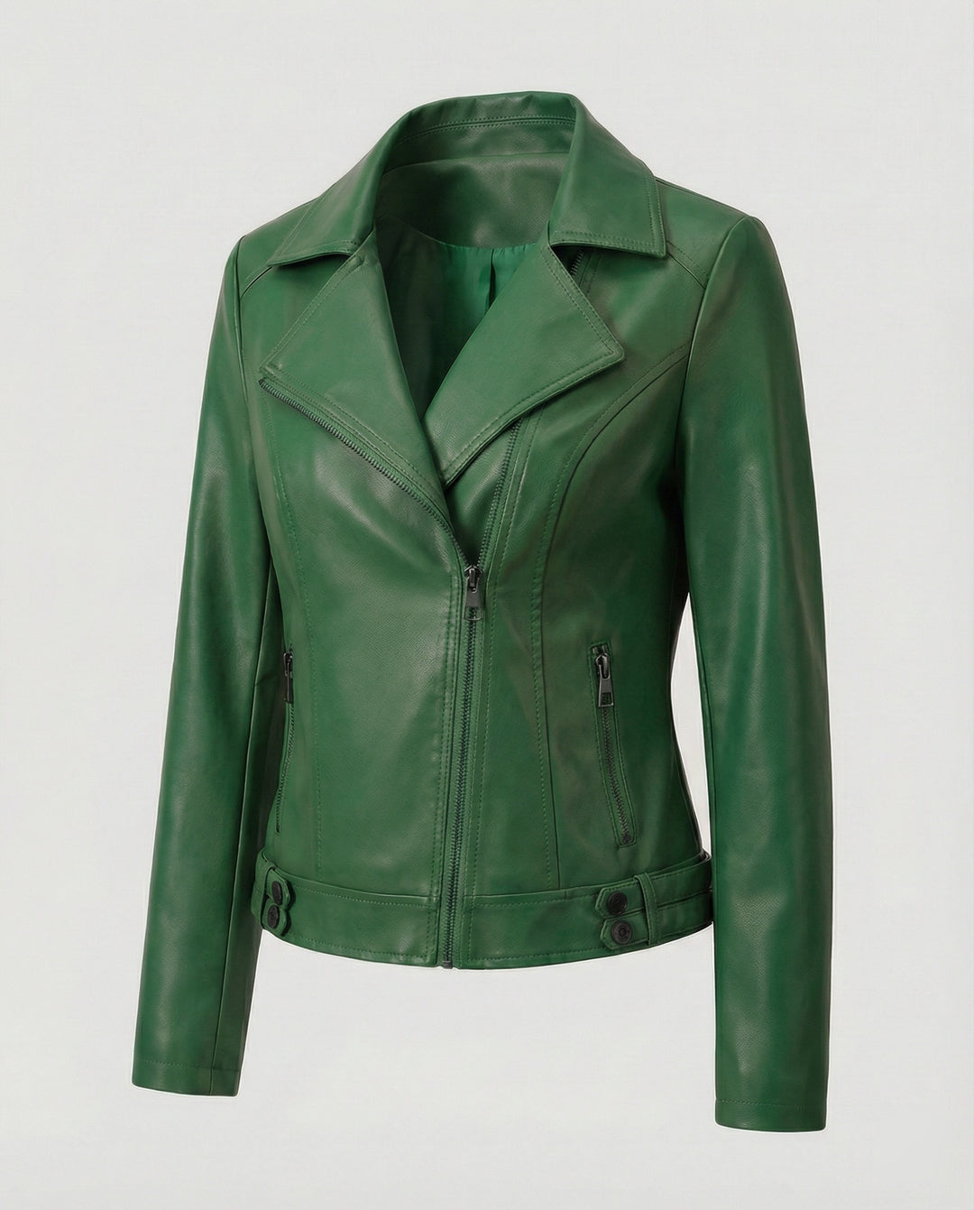 Damen Kunstleder-Bikerjacke mit asymmetrischem Reißverschluss wattierter Innenfütterung und taillierten Abnähern EB