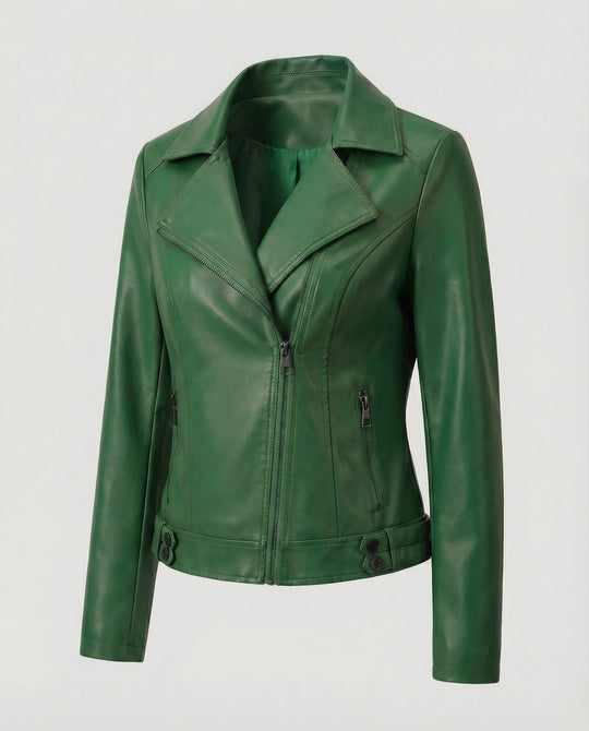 Damen Kunstleder-Bikerjacke mit asymmetrischem Reißverschluss wattierter Innenfütterung und taillierten Abnähern EB