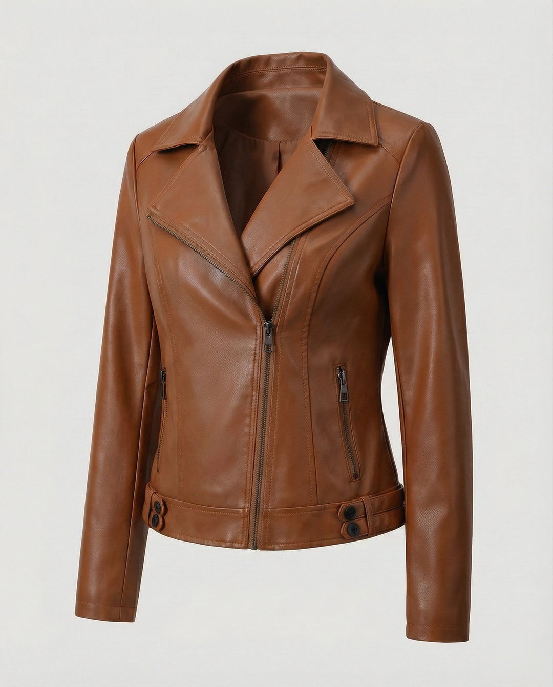 Damen Kunstleder-Bikerjacke mit asymmetrischem Reißverschluss wattierter Innenfütterung und taillierten Abnähern EB