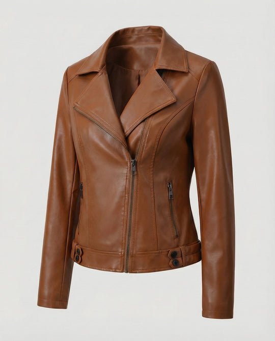 Damen Kunstleder-Bikerjacke mit asymmetrischem Reißverschluss wattierter Innenfütterung und taillierten Abnähern EB