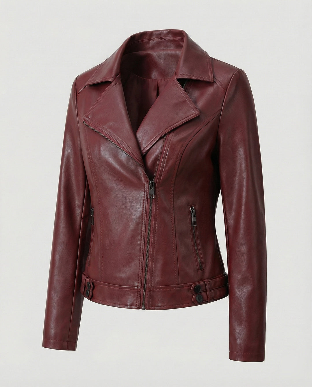 Damen Kunstleder-Bikerjacke mit asymmetrischem Reißverschluss wattierter Innenfütterung und taillierten Abnähern EB