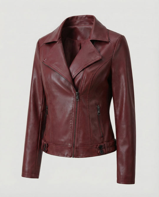 Damen Kunstleder-Bikerjacke mit asymmetrischem Reißverschluss wattierter Innenfütterung und taillierten Abnähern EB