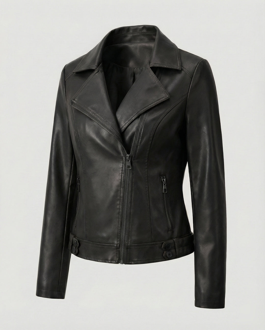 Damen Kunstleder-Bikerjacke mit asymmetrischem Reißverschluss wattierter Innenfütterung und taillierten Abnähern EB