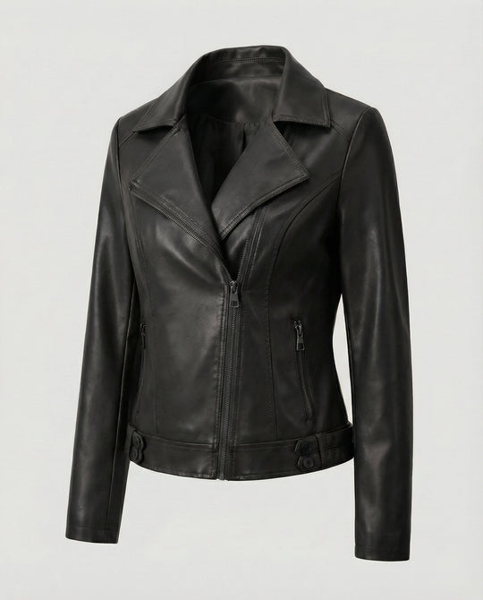 Damen Kunstleder-Bikerjacke mit asymmetrischem Reißverschluss wattierter Innenfütterung und taillierten Abnähern EB