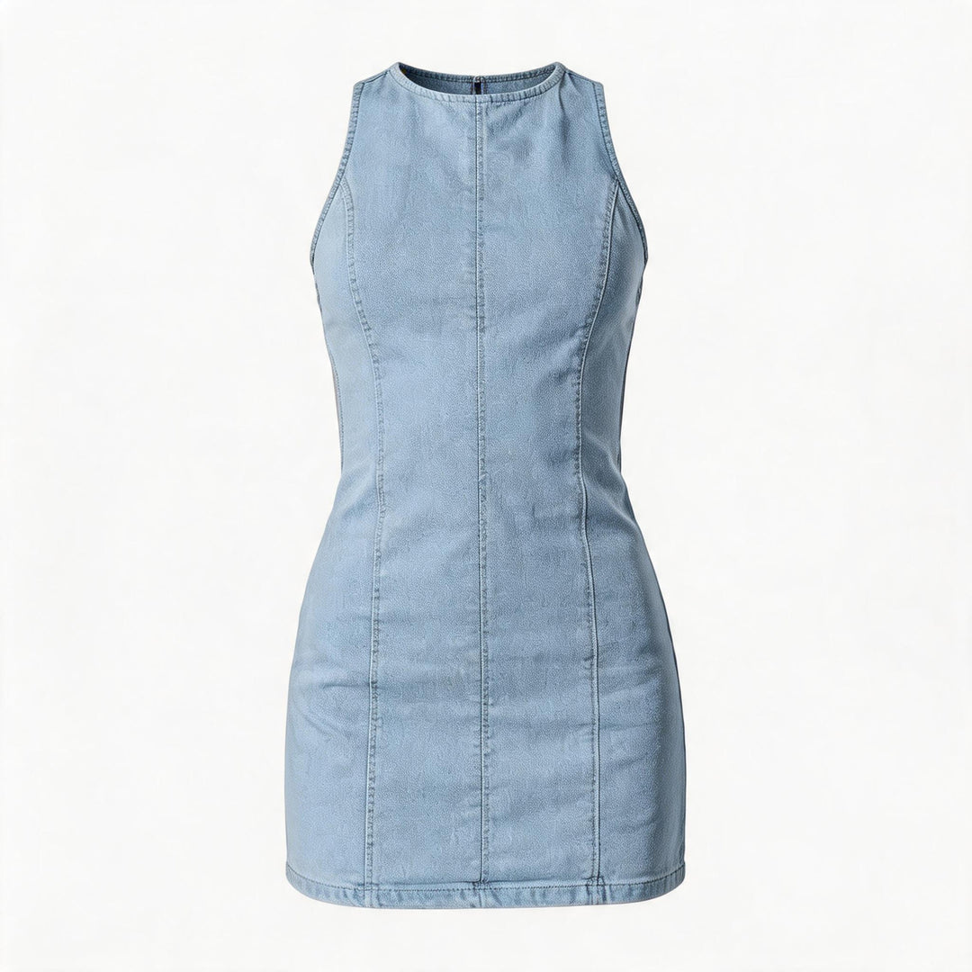 Damen figurbetontes Denim-Kleid mit Seitenschlitzen und hohem Kragen EB