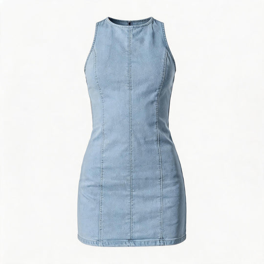 Damen figurbetontes Denim-Kleid mit Seitenschlitzen und hohem Kragen EB