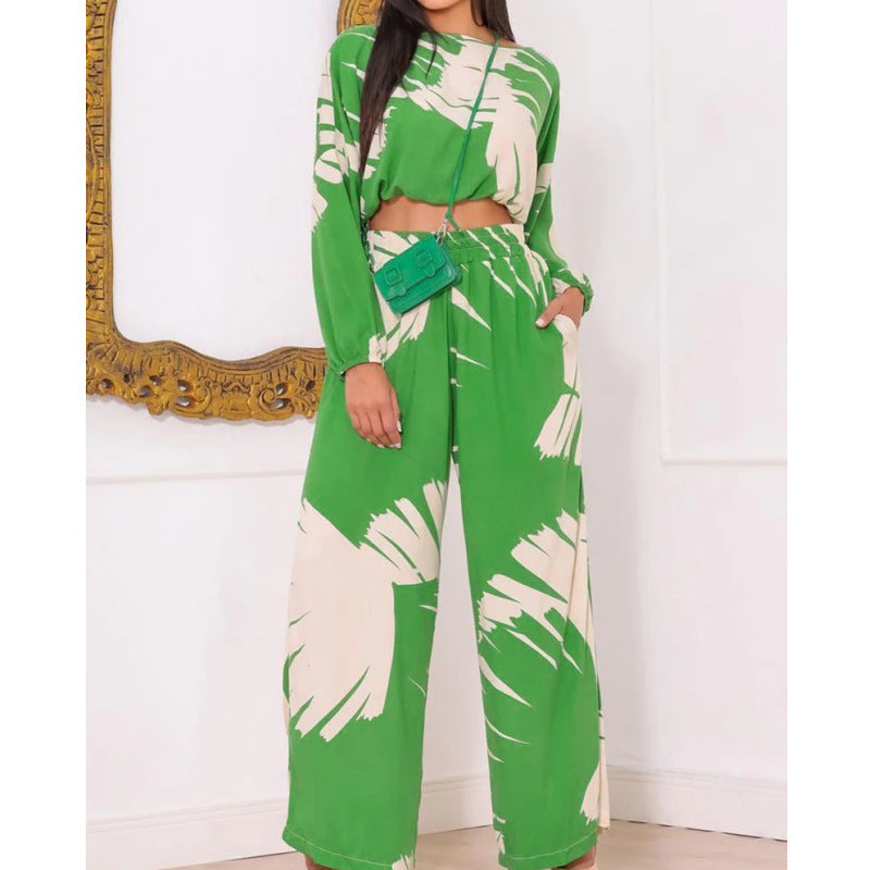 Damen Lässiges Zweiteiler-Set mit weiten Hosen und cropped Oberteil EB