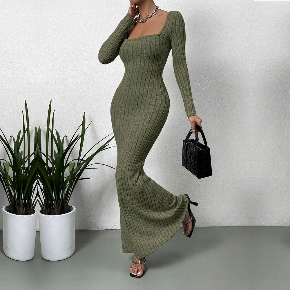Damen geripptes Sculpting-Maxikleid mit Quadratausschnitt und taillierter Meerjungfrauen‑Silhouette Eichborn Berlin