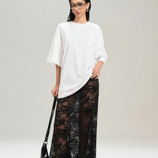 Damen Elegante Spitzenmaxi-Rock mit durchscheinendem Design und seitlichem Schlitz EB