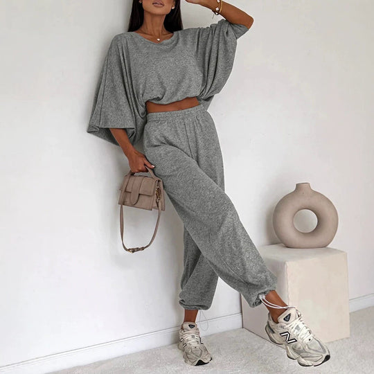 Damen Lässiges Strick-Lounge-Set mit Fledermausärmeln und High-Waist-Joggpants EB