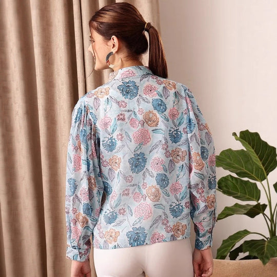Damen leicht transparente Chiffonjacke mit floralen Motiven und ballonartigen Ärmeln EB