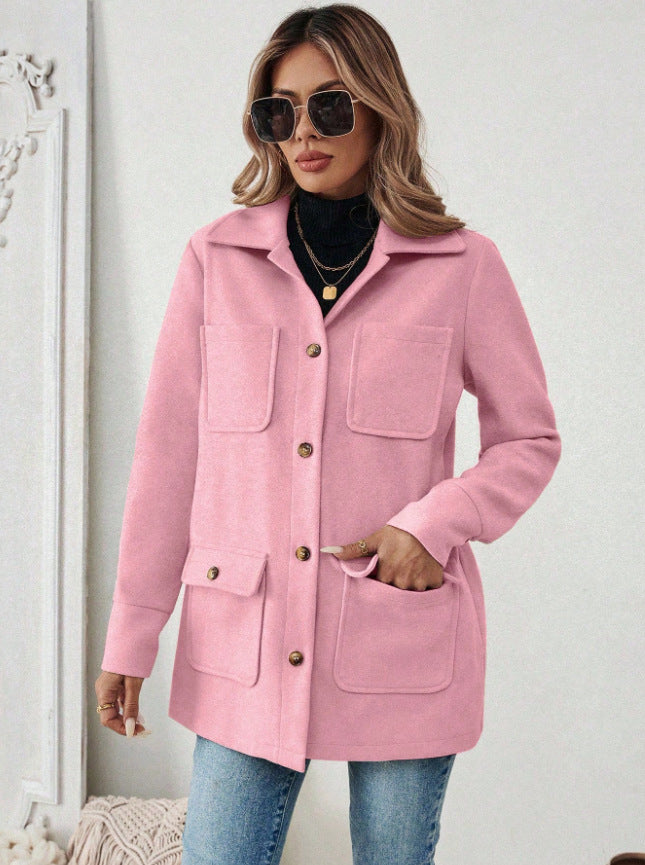 Damen Modische Utility-Jacke mit großen Taschen und goldenem Druck EB
