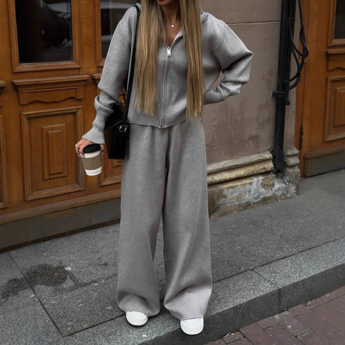Damen nan gestricktes Loungewear-Zweiteiler mit kurzem Reißverschluss-Cardigan und weitem Highwaist-Hosenbein EB