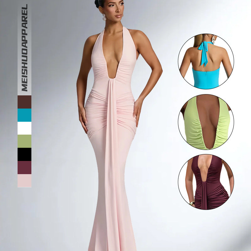 Damen Elegantes Wickelkleid mit tiefem V-Ausschnitt und fließendem Rock EB