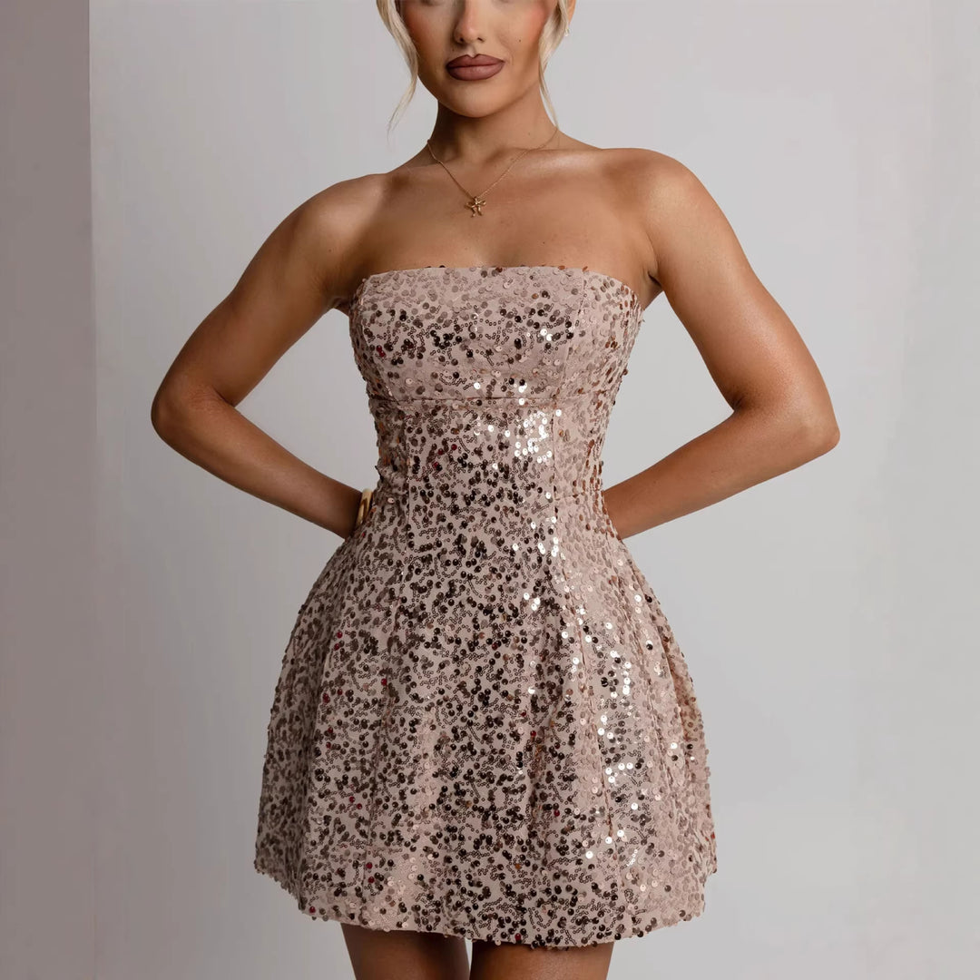 Damen Cocktailkleid mit funkelnden Pailletten und schulterfreiem Design EB
