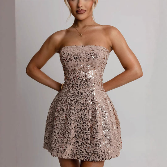 Damen Cocktailkleid mit funkelnden Pailletten und schulterfreiem Design EB