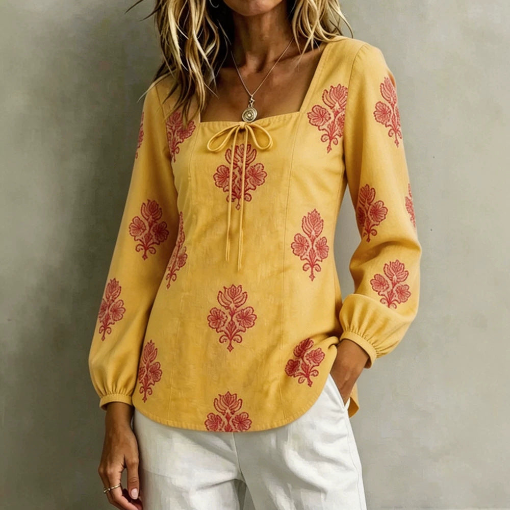 Damen Bestickte Tunika-Bluse mit quadratischem Ausschnitt und femininen Ballonärmeln EB