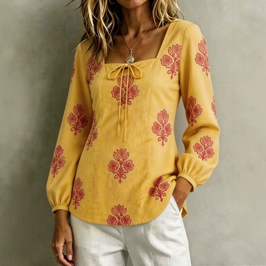Damen Bestickte Tunika-Bluse mit quadratischem Ausschnitt und femininen Ballonärmeln EB