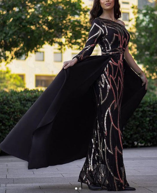 Damen Maxikleid mit glitzerndem Muster und elegantem Cape EB