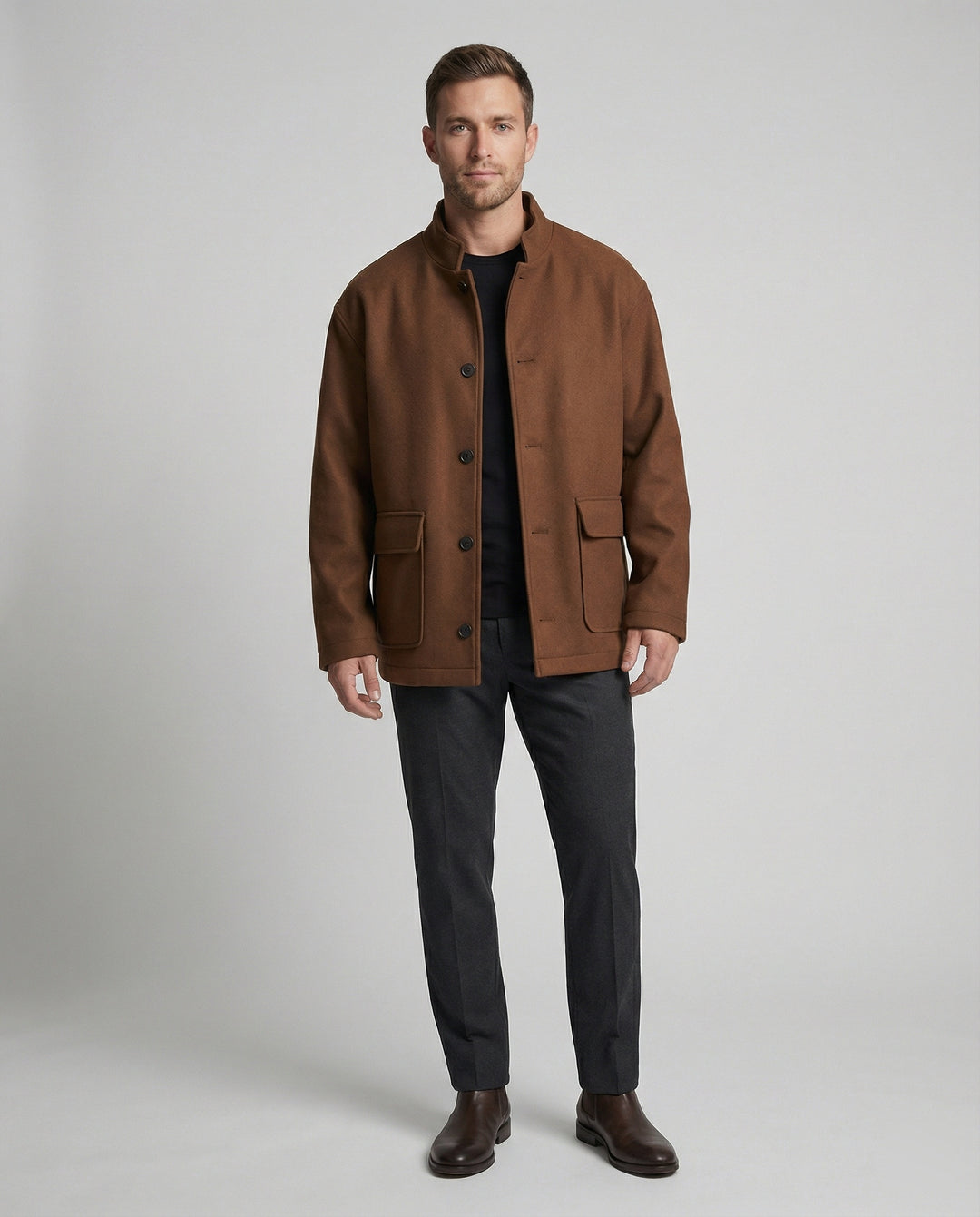 Herren locker geschnittene Wollmix-Hemdjacke mit Pattentasche und verdeckter Druckknopfleiste EB
