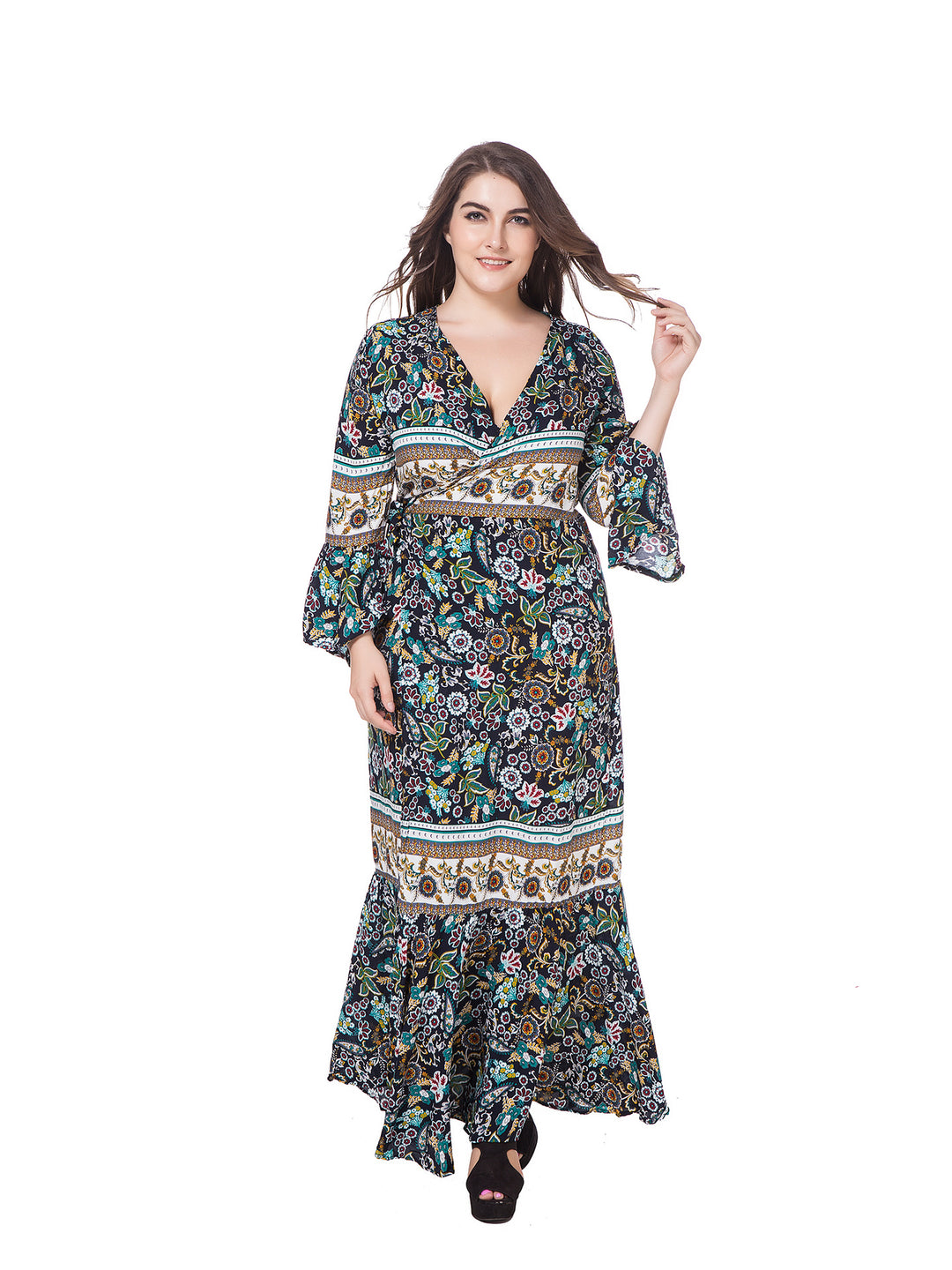 Damen Maxikleid mit kunstvollem floralen Design und leichten Rüschendetails EB